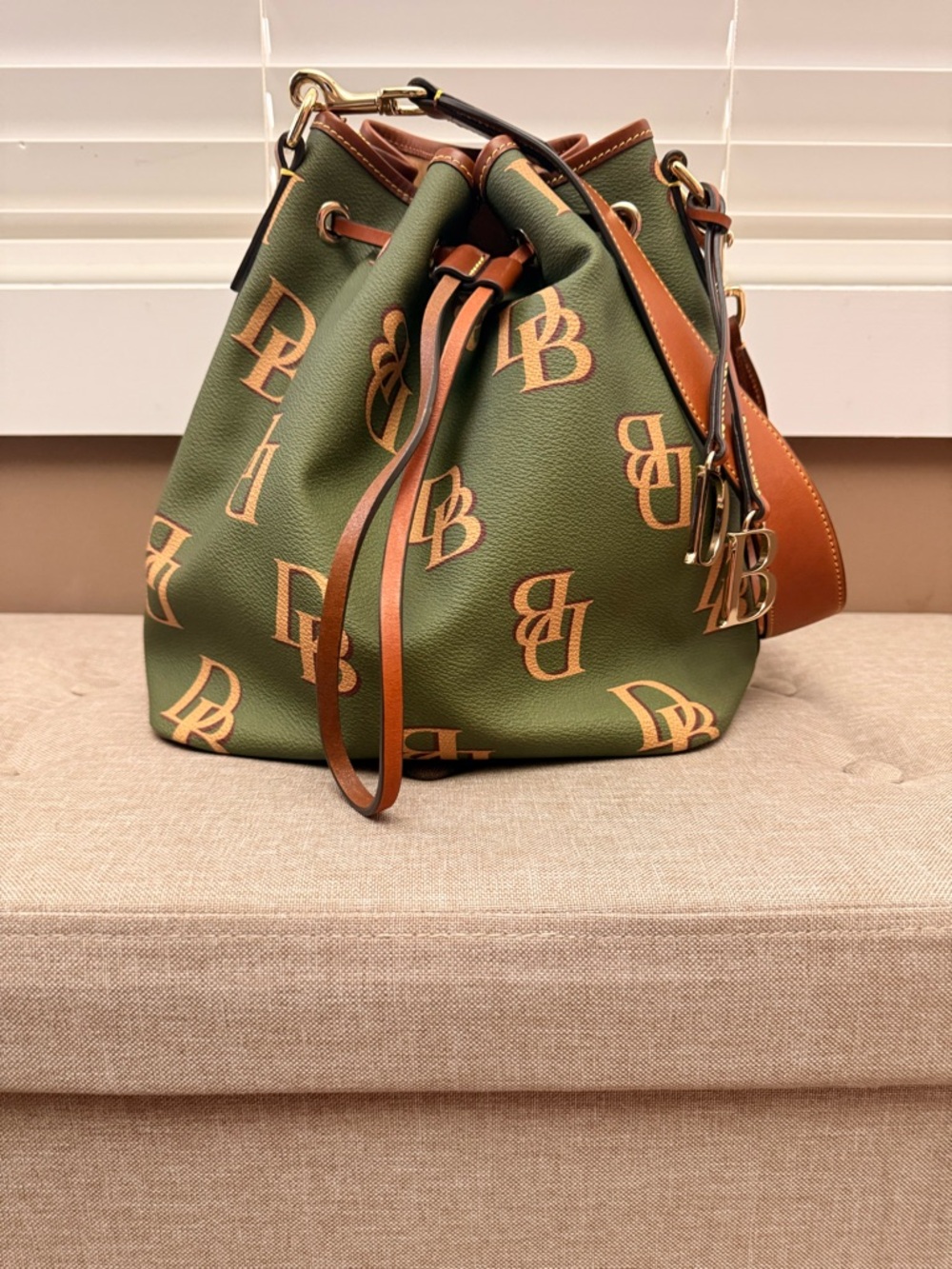 Dooney & Bourke Olive Green Drawstring Hobo with Tan Trim